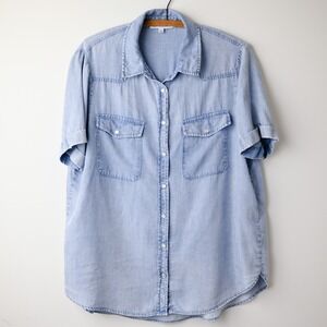 Jane + Delancey Lyocell Shirt L Blue Denim-Look Pearl Snap Coastal Beach Western